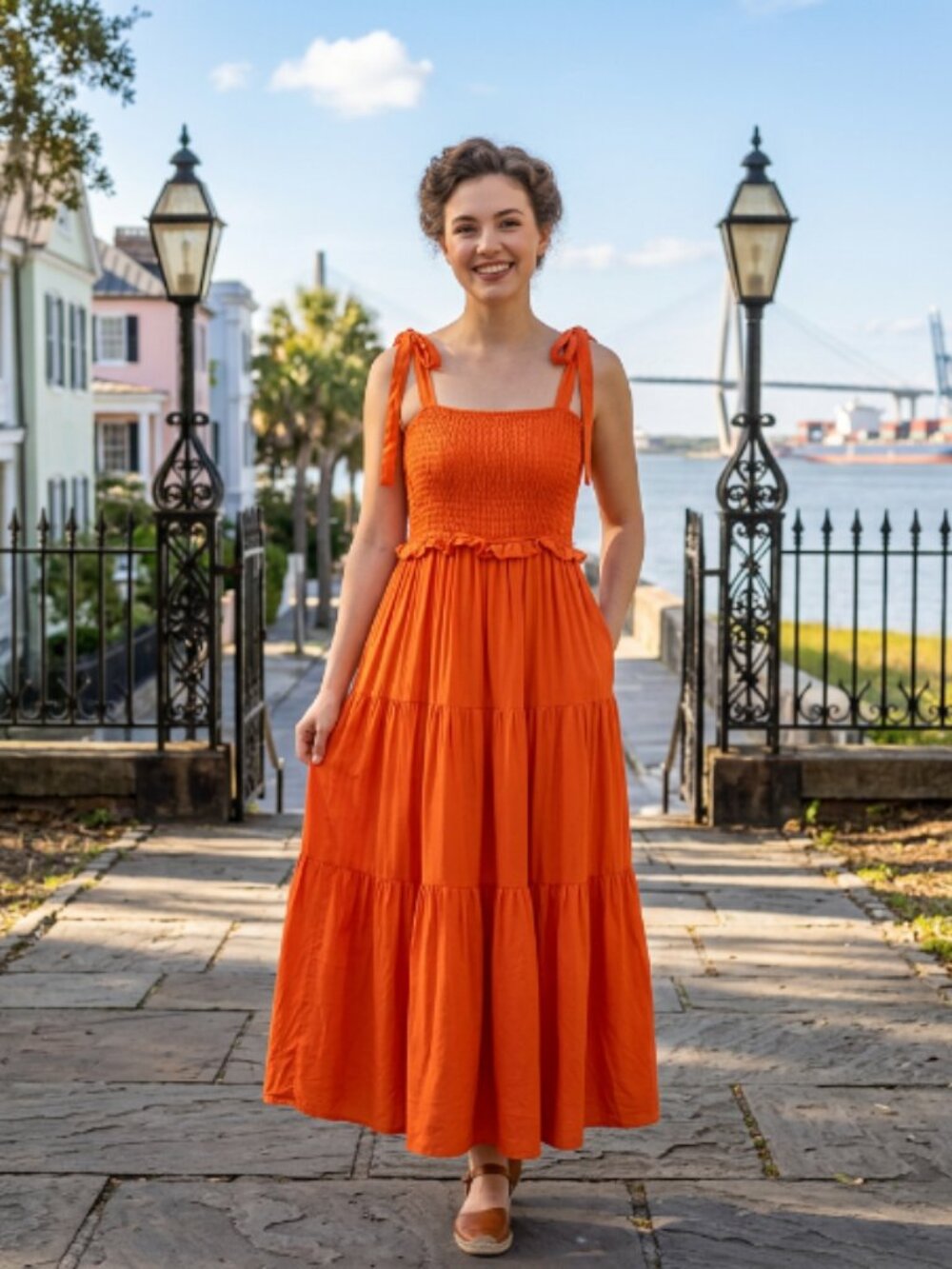 Zara orange midi tiered smocked sundress